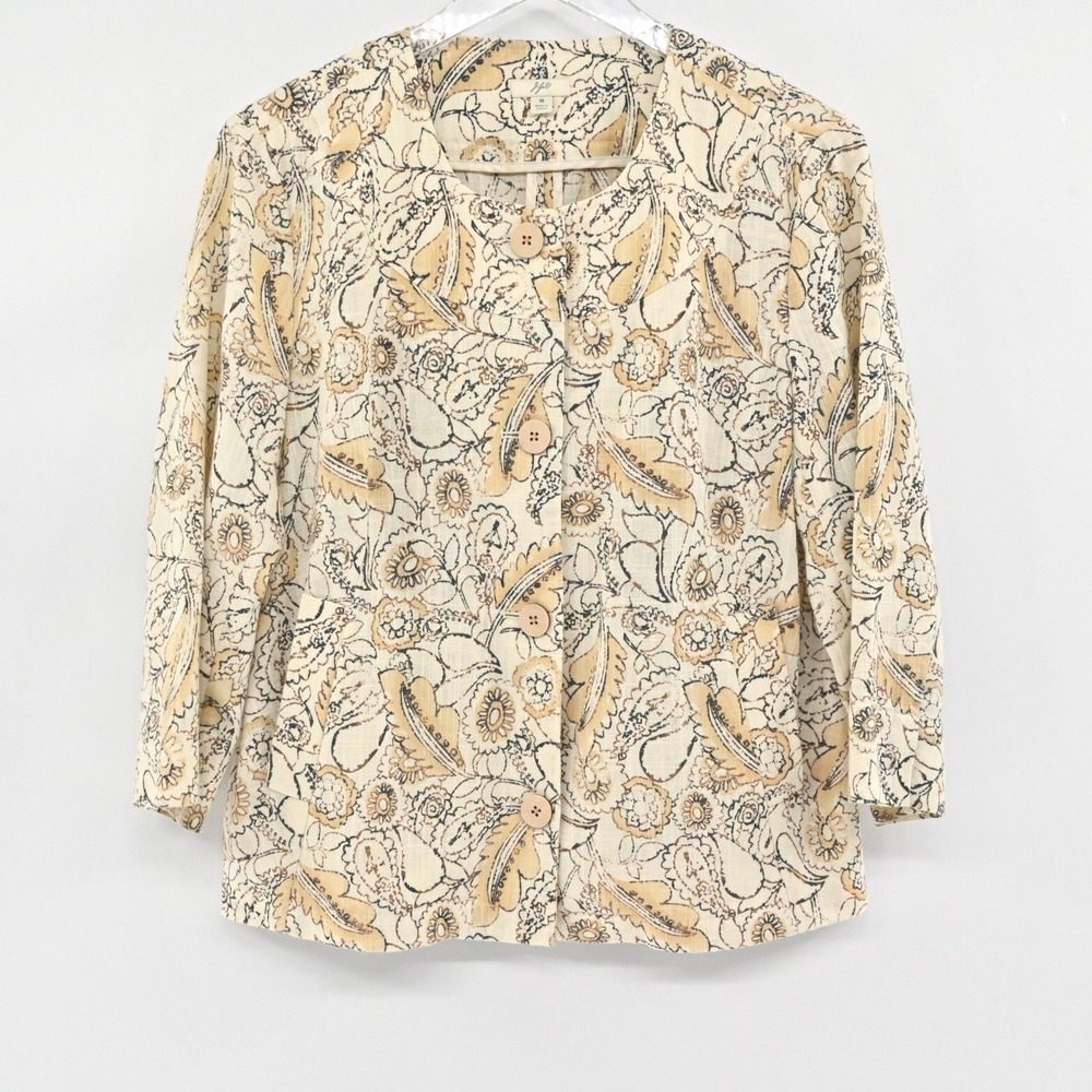 J Jill Linen Jacket Womens Size M‎ Floral Paisley Neutral Minimalist Lagenlook